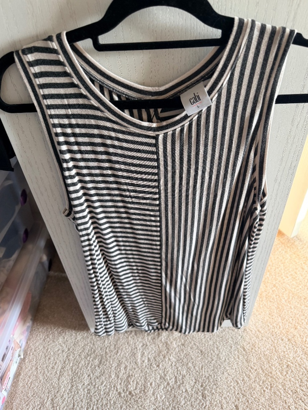 Cabi London Tank Top in a charcoal gray and ivory striped pattern